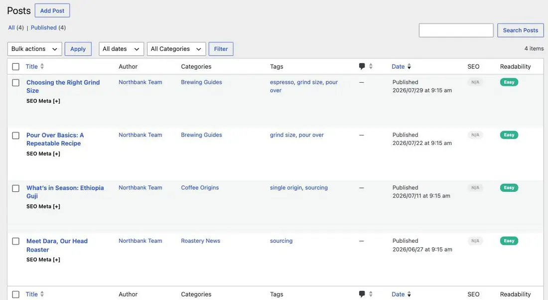 The WordPress Posts list showing four posts with their titles, authors, categories, tags and publication dates