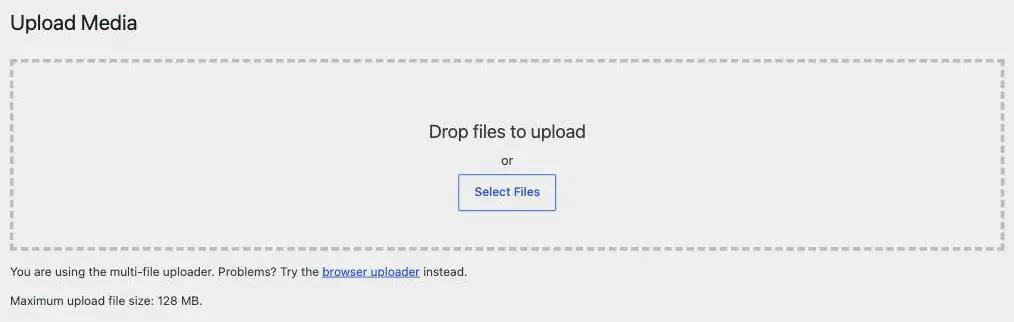 The WordPress Upload Media screen with a drop area, a Select Files button and the maximum upload file size