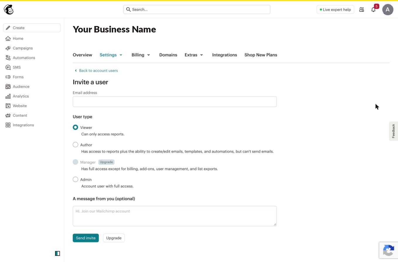 The Mailchimp Invite a user form, showing the email address field and four user type options: Viewer, Author, Manager and Admin.