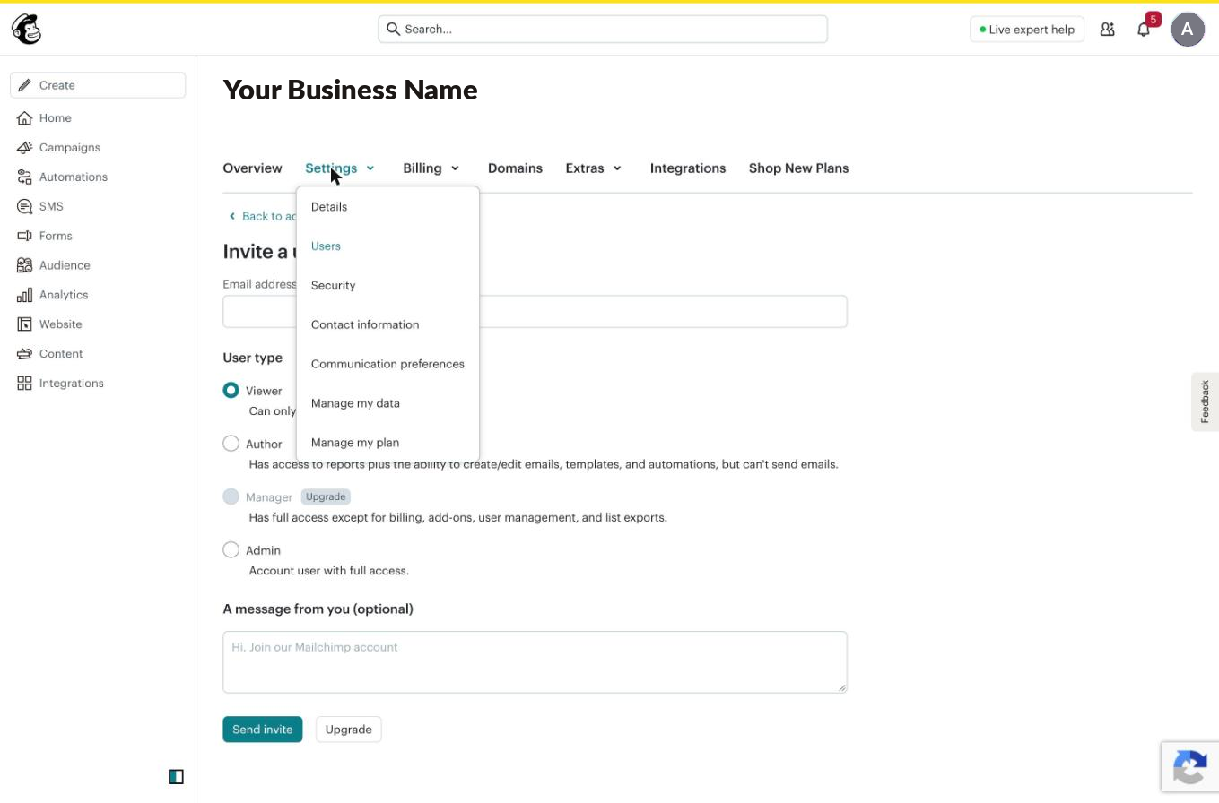 The Mailchimp account Settings menu open, with Users listed as the second option.
