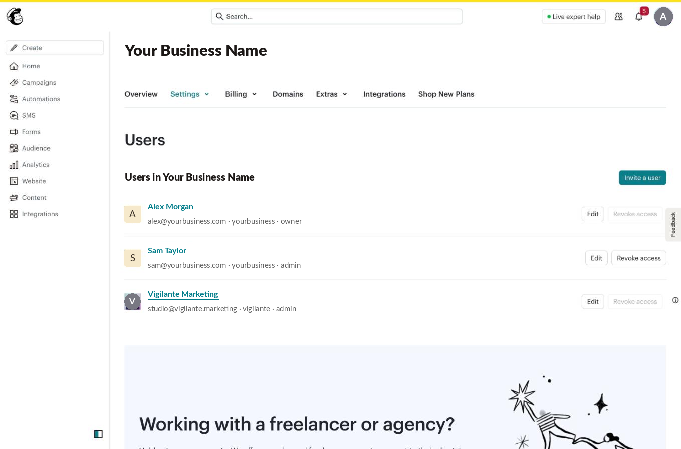 The Mailchimp Users screen listing account users and their roles, with the Invite a user button top right.