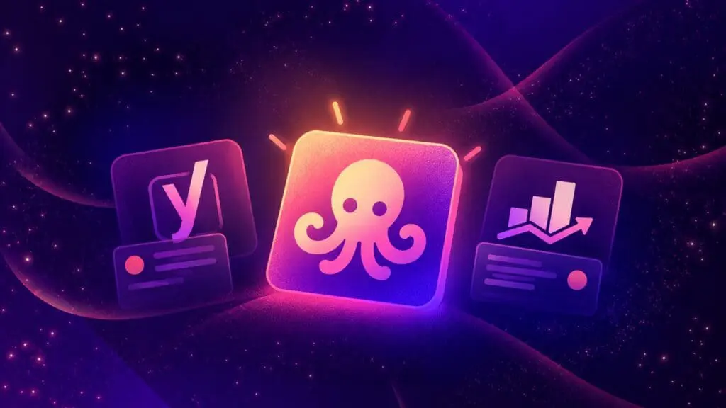 Glowing SmartCrawl octopus icon in the centre, flanked by a Yoast-style icon and a rankings chart icon on a purple starry background