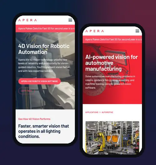 Apera AI home and automotive pages on mobile