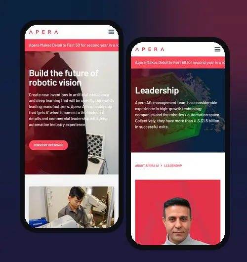 Apera AI careers and leadership pages on mobile