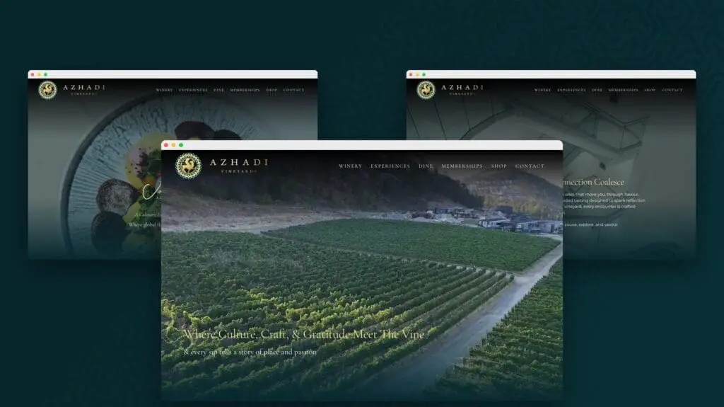 Azhadi Vineyards website home, experiences and dine pages on desktop