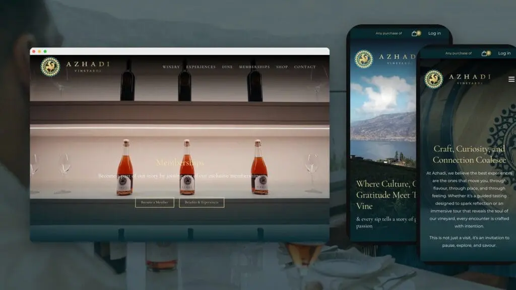 Azhadi Vineyards memberships page on desktop and the site on mobile