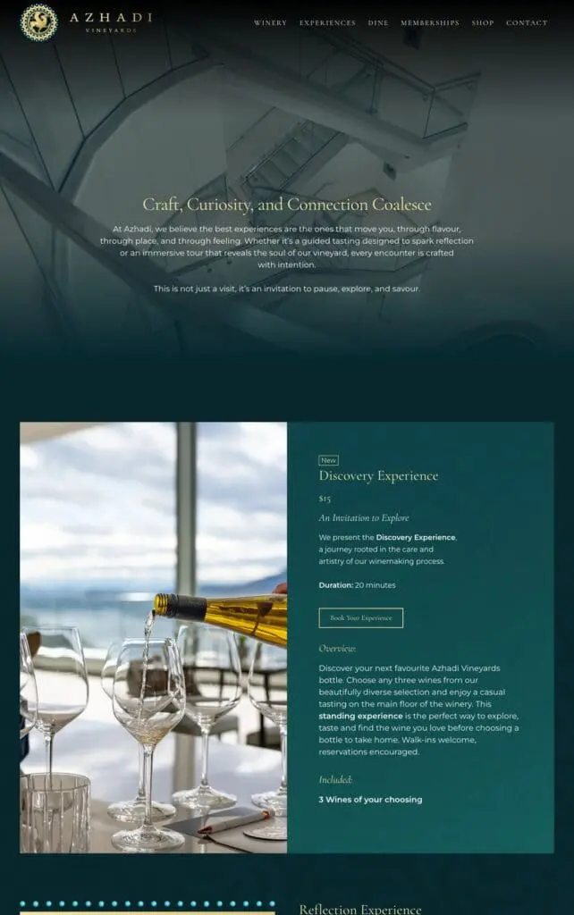 Azhadi Vineyards Experiences page, part 1