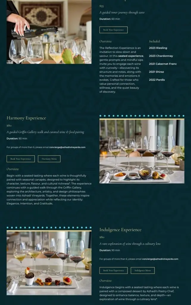 Azhadi Vineyards Experiences page, part 2