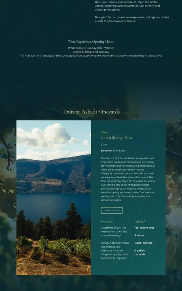 Azhadi Vineyards Experiences page, part 3