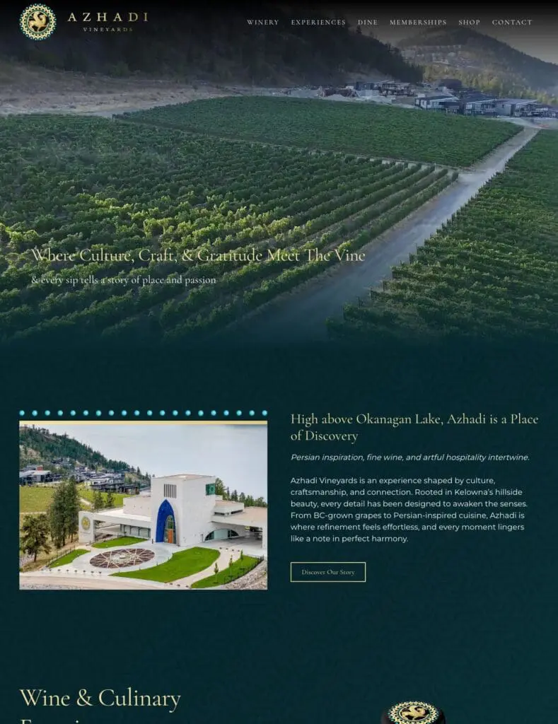 Azhadi Vineyards website homepage, part 1
