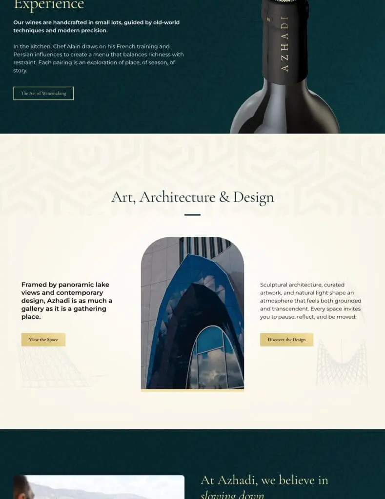 Azhadi Vineyards website homepage, part 2