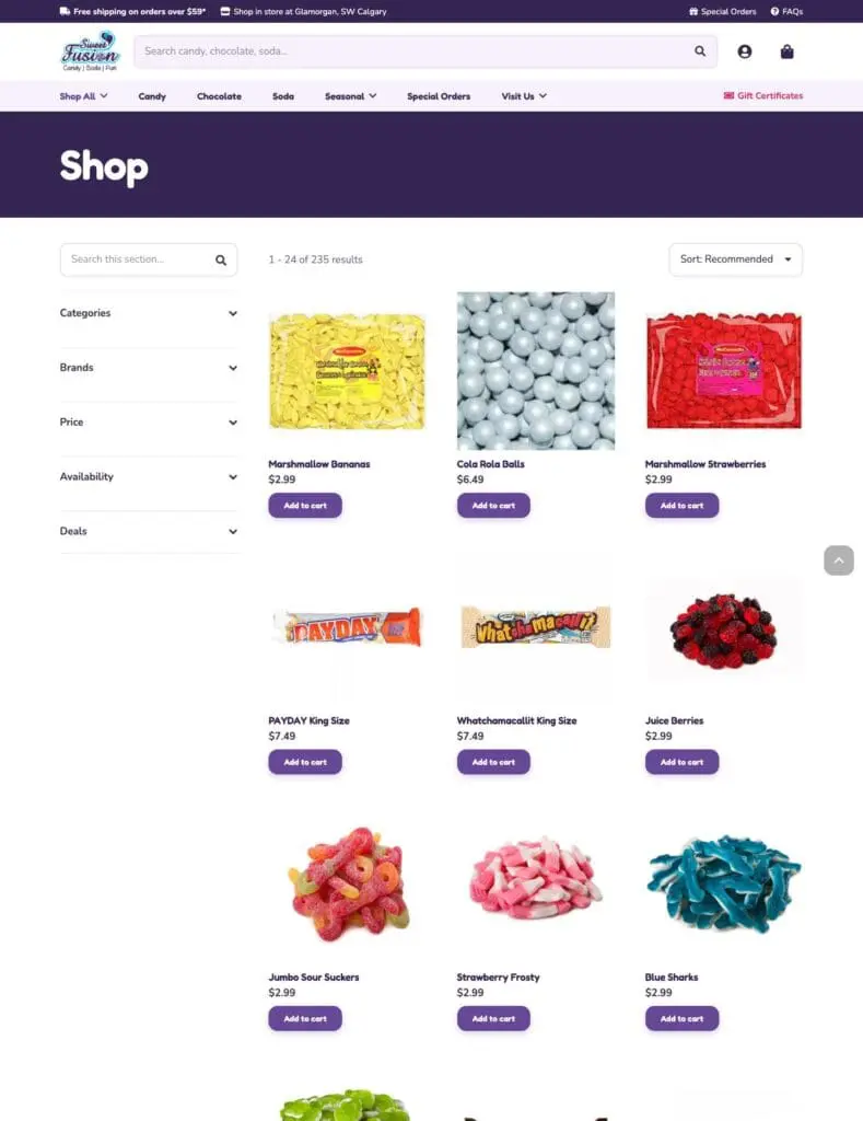 Sweet Fusion website shop page