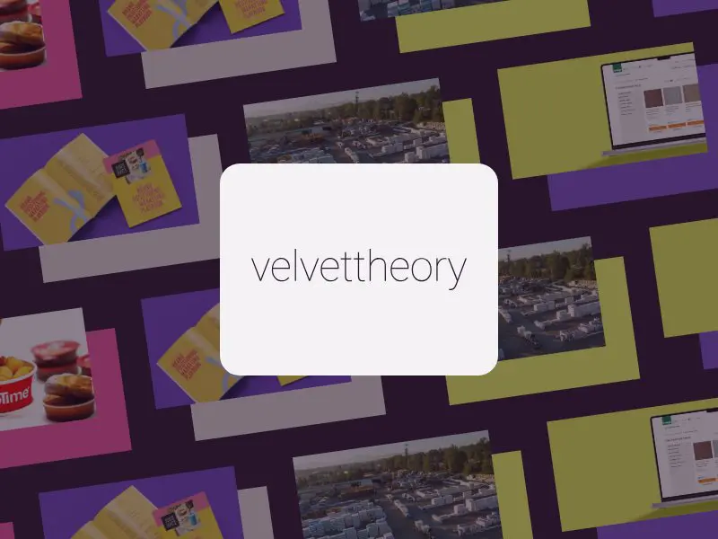 Velvet Theory logo over a collage of their case study work