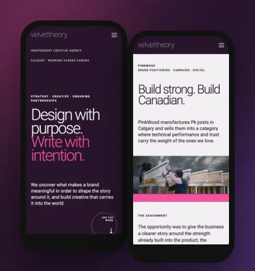 The Velvet Theory homepage and PinkWood case study on mobile