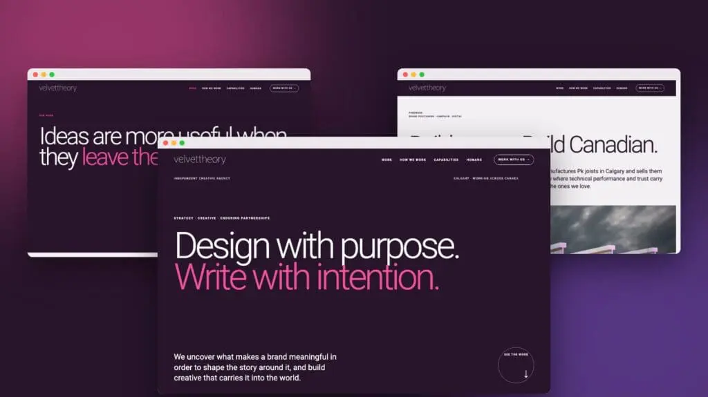 Velvet Theory homepage, Work page and PinkWood case study