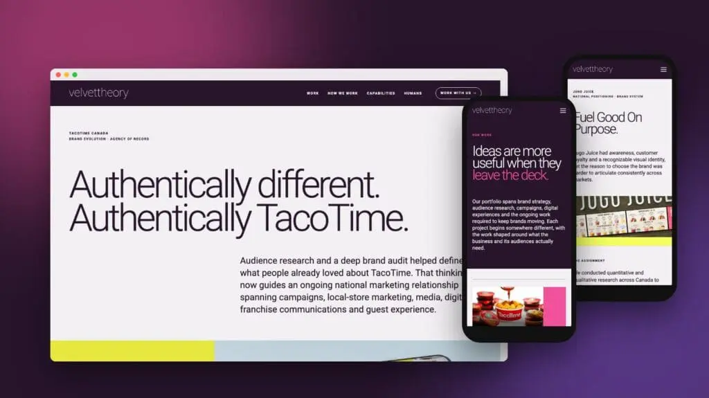 TacoTime case study on desktop with the Work page and Jugo Juice case study on mobile