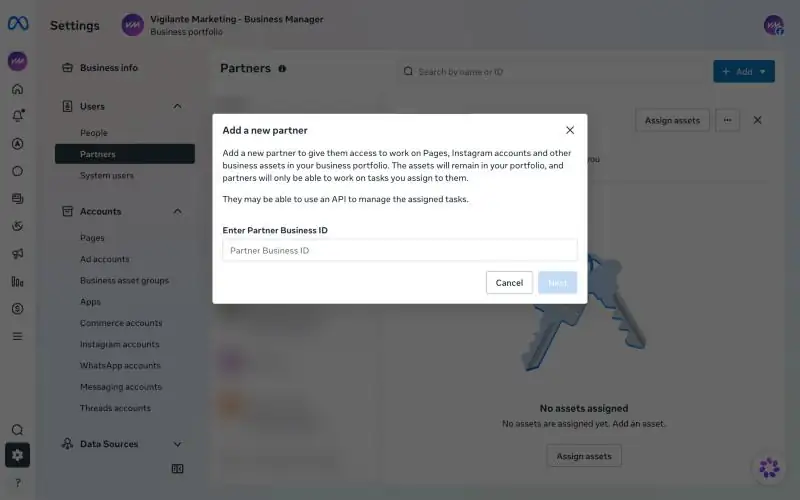 The Add a new partner dialog in Meta Business Suite, with an empty Partner Business ID field.
