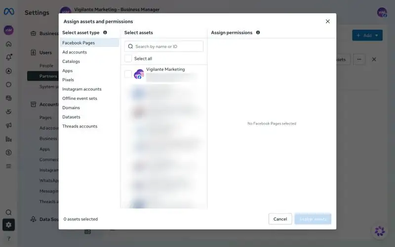 The Assign assets and permissions dialog in Meta Business Suite, with asset types on the left, a list of Pages to tick in the middle, and permissions on the right.