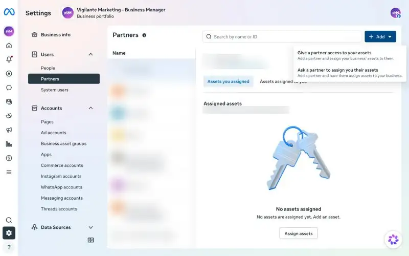 Meta Business Suite Settings with Users then Partners selected and the Add menu open, showing the option Give a partner access to your assets.