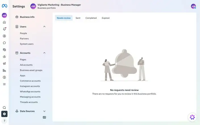 The Requests screen in Meta Business Suite Settings, with the Needs review tab selected.
