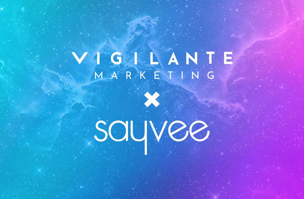 Logos of Vigilante Marketing and Sayvee Creative on a cosmic gradient background.