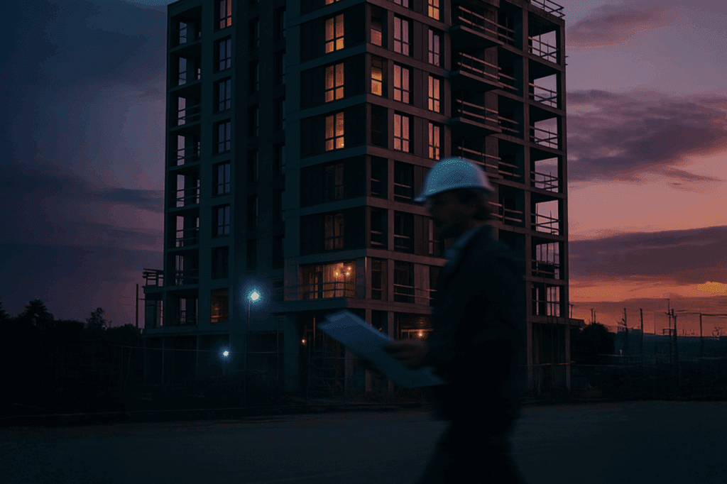 A mid-rise building under construction glows from interior lights at sunset; in the foreground a motion-blurred architect in a hard hat reviews blueprints.