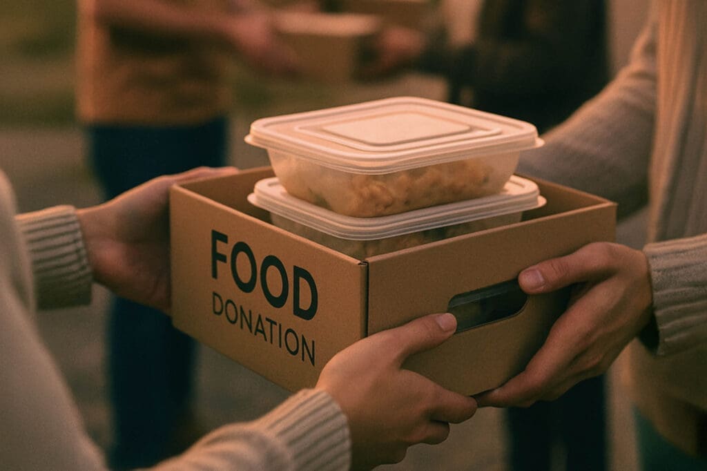 Two volunteers exchange a cardboard box labeled “Food Donation” filled with meal containers, while softly blurred figures work in the background at dusk.