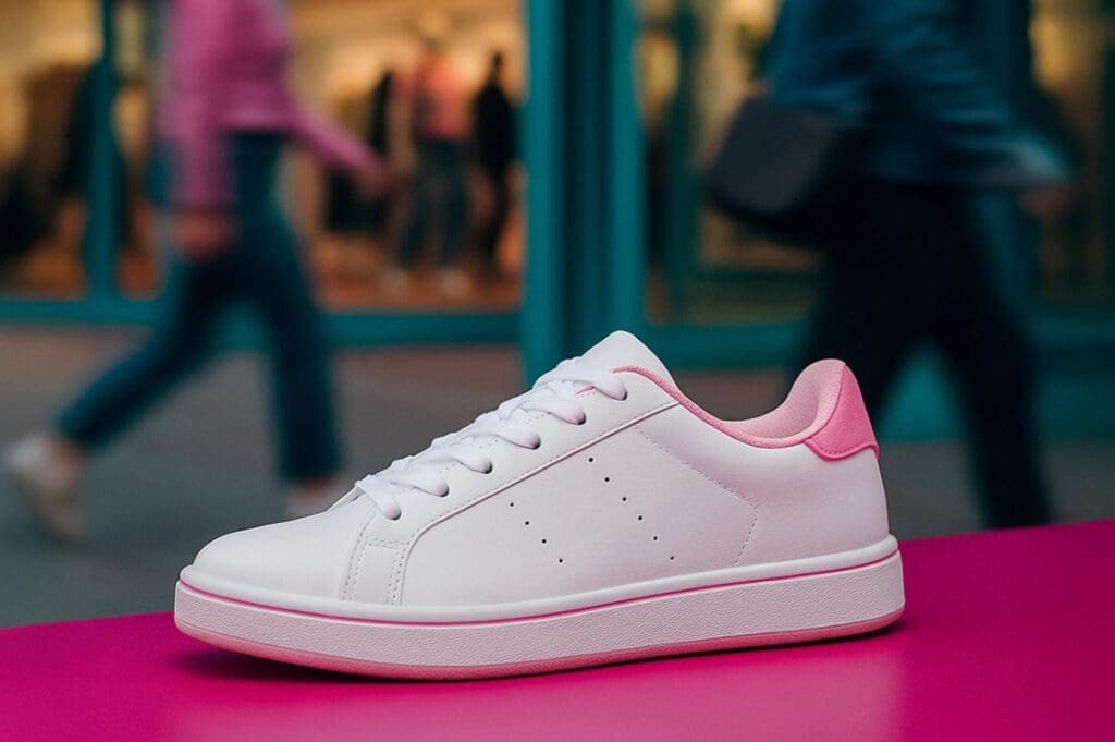 A white low-top sneaker with pink detailing is showcased on a magenta surface, with motion-blurred shoppers passing a teal storefront in the background.