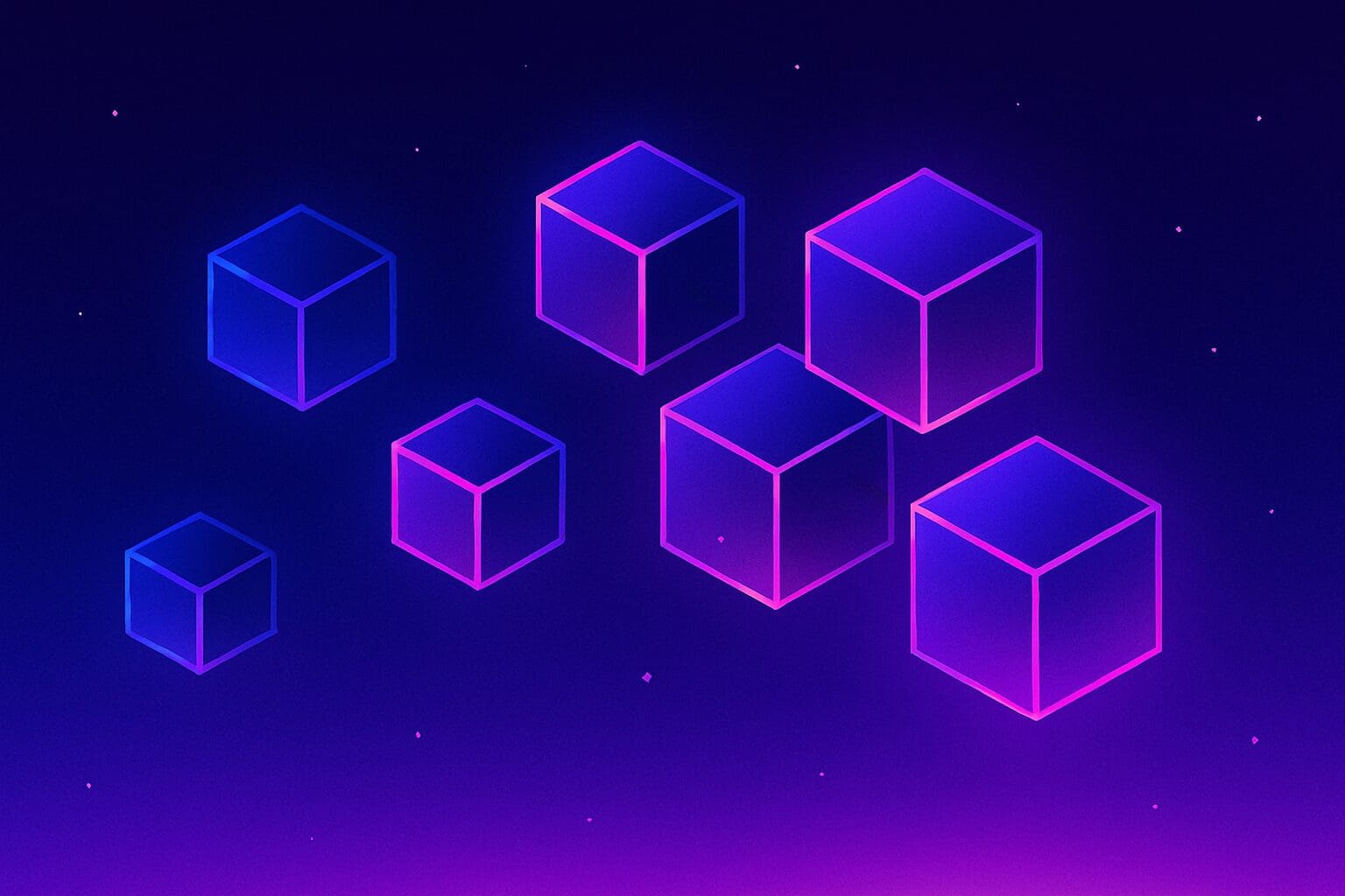 Abstract digital illustration of glowing cubes floating in deep space, outlined in neon pink and blue gradients against a dark purple starry background.