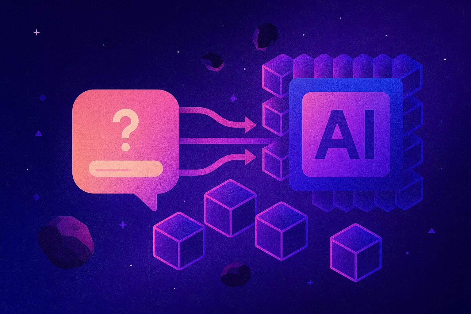 Cosmic-style artwork showing a glowing speech bubble with arrows pointing toward an AI chip, surrounded by luminous cubes and floating rocks, symbolizing prompts flowing into AI systems.
