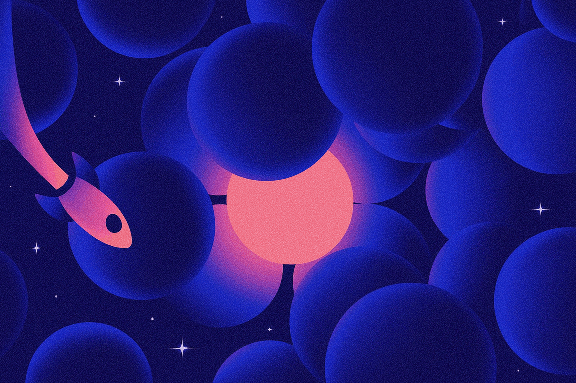 Abstract galactic scene with a rocket flying through a dense cluster of glowing spheres, one bright pink orb standing out among deep blue planets, set against a starry backdrop.