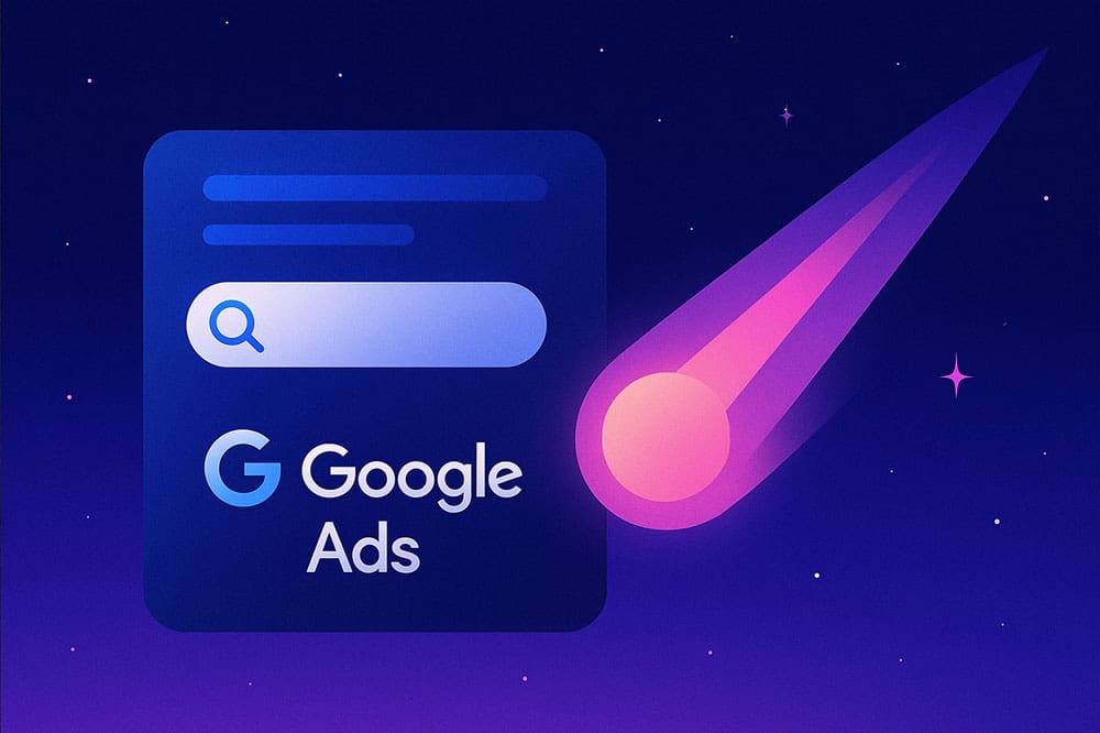 Google Ads 2025 dashboard with AI analytics, charts, and search ad results