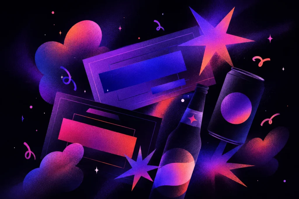 Cosmic illustration of floating digital campaign panels, a bottle and drink can, surrounded by colourful gradient clouds, glowing starbursts and abstract confetti against a dark textured space background.