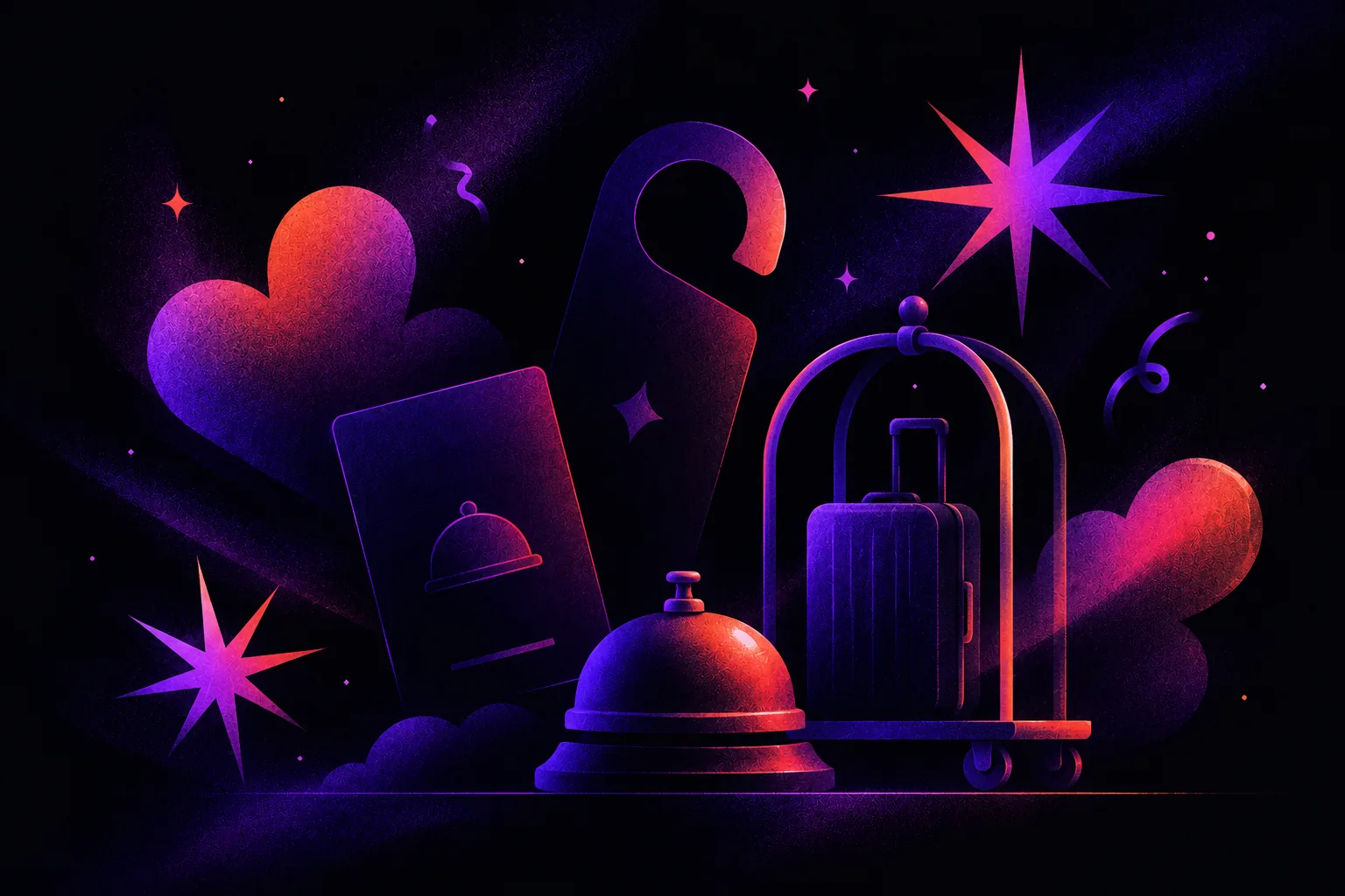 Cosmic hospitality illustration featuring a hotel service bell, luggage trolley, suitcase and key card, surrounded by glowing purple, pink and orange starbursts and cloud forms.