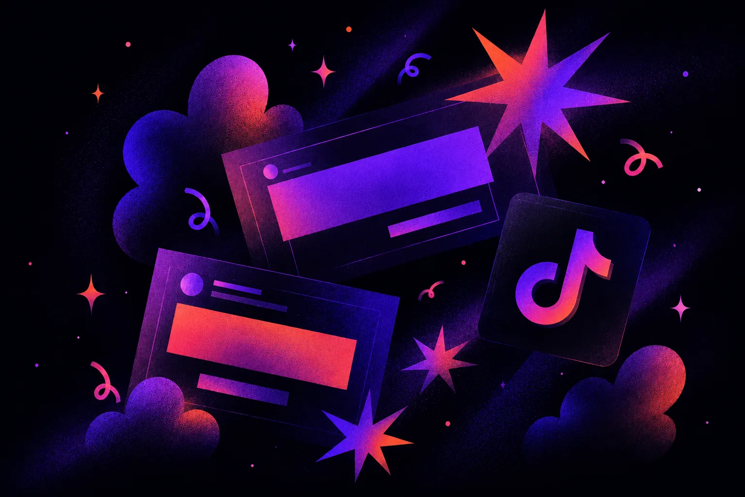 Cosmic illustration of floating social post cards and a TikTok-inspired music-note symbol, surrounded by neon starbursts, clouds and confetti shapes on a dark purple background.