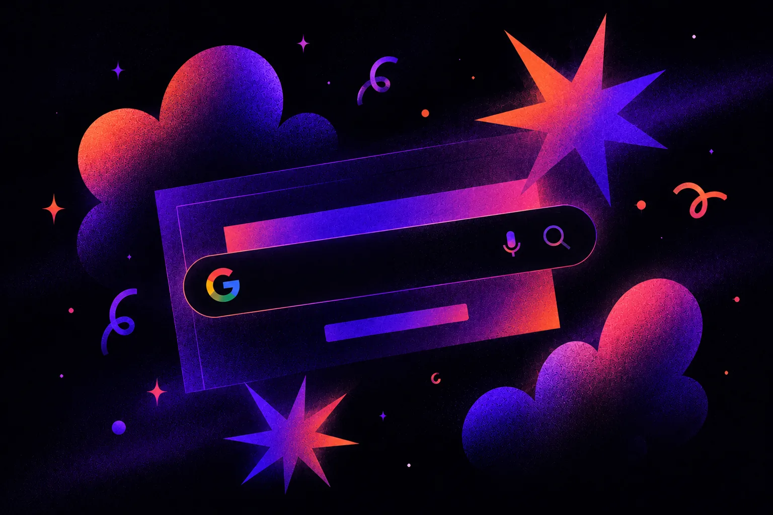 Cosmic illustration of a glowing search bar and layered search-result blocks floating through a dark, grainy purple space with luminous stars and gradient clouds.